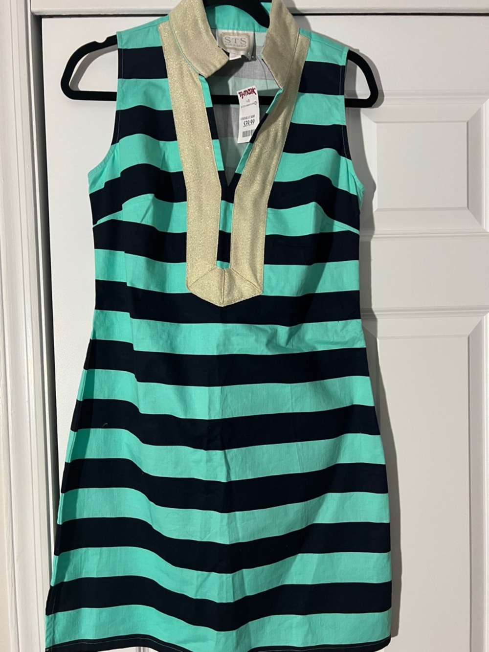 Sail to Sable Mint Green and Navy Striped Sleeveless Mini Dress with Gold Trim